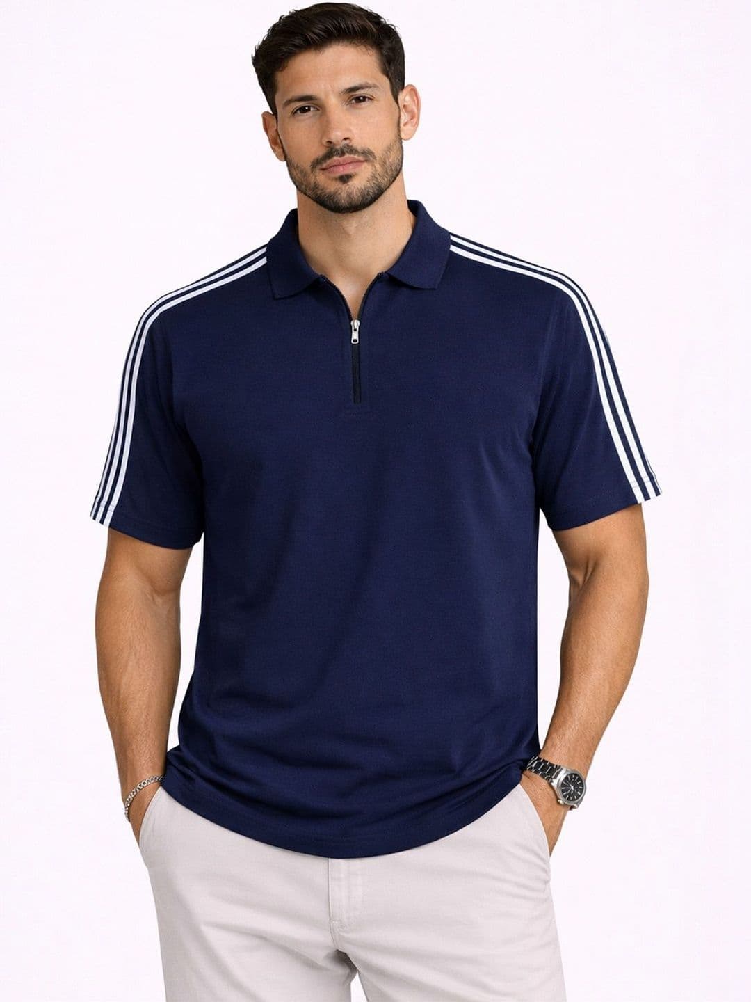 Organic Chics Navy Blue Striped Polo Collar Regular Fit T-shirt - view 1
