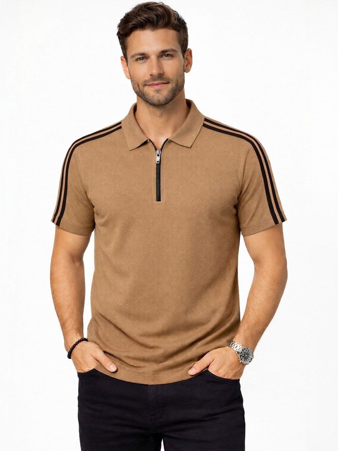 Organic Chics Men Striped Polo Collar Dri-FIT Slim Fit T-shirt - view 1