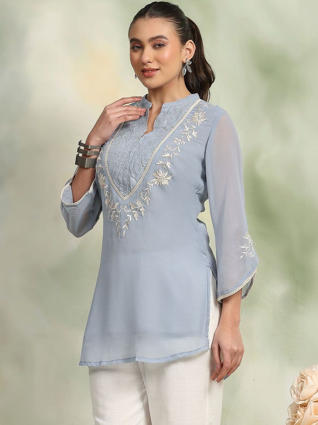 Nayam By Lakshita Women Solid Embroidered Straight Chiffon Tunic - view 1