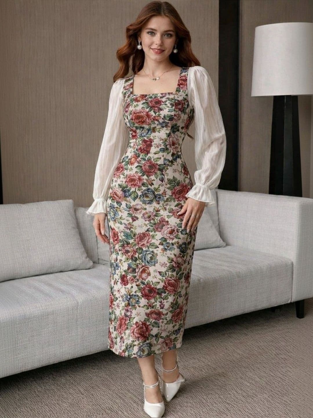 KI STUDIO Floral Print Puff Sleeve Sheath Midi Dress - view 1