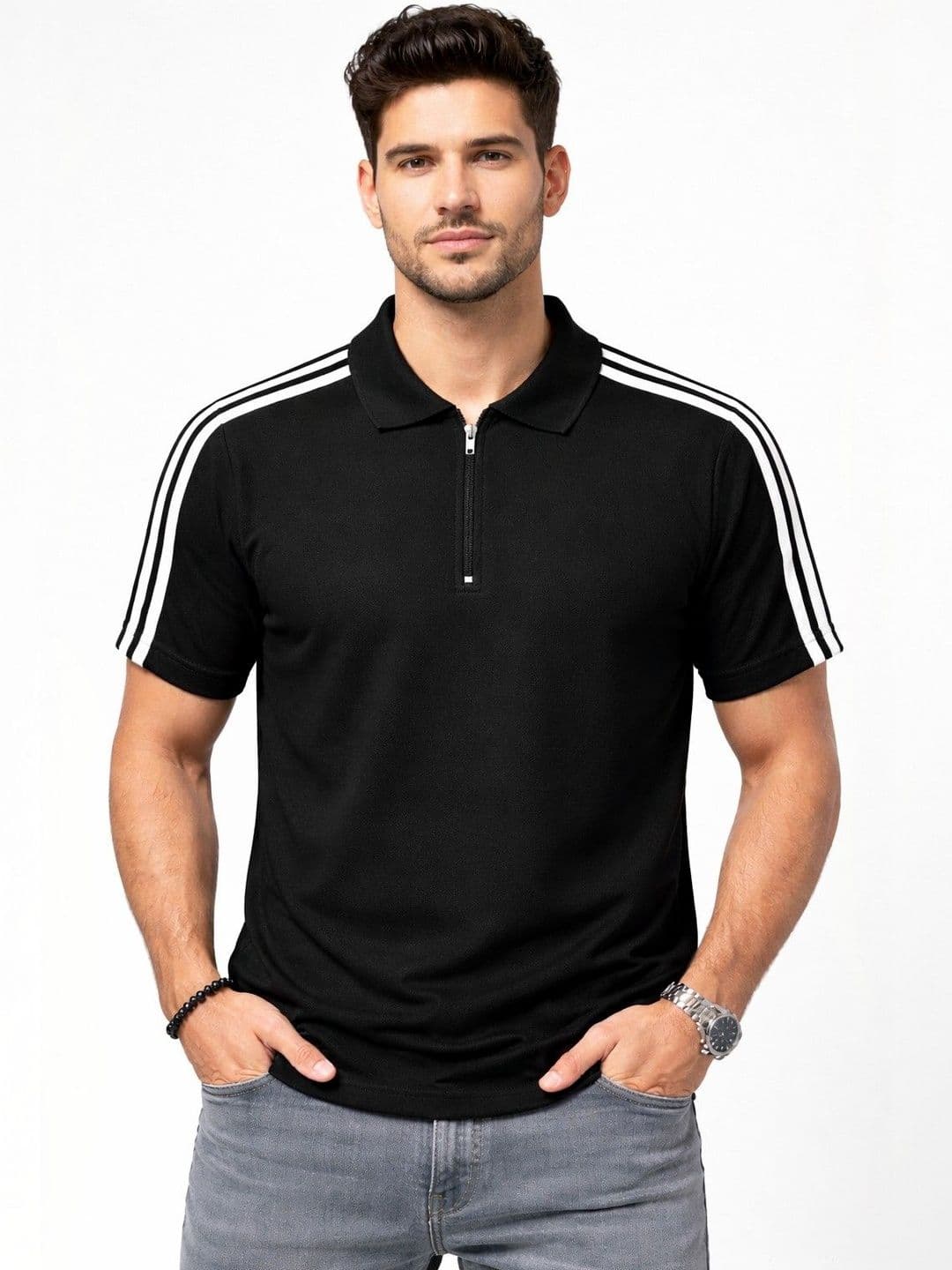 Organic Chics Men Striped Polo Collar Dri-FIT Slim Fit T-shirt - view 1