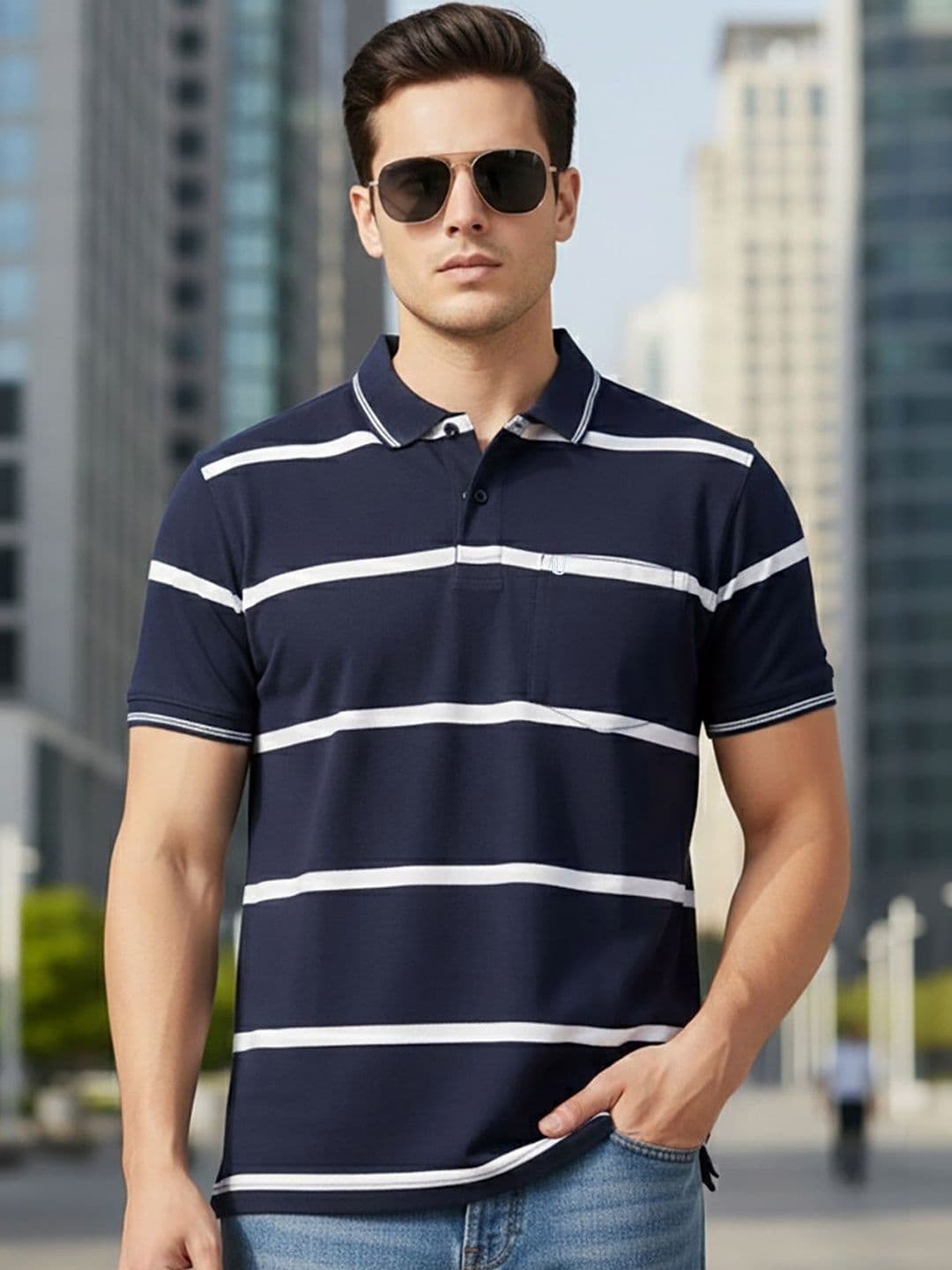 UNIBERRY JEANS Men Striped Polo Collar Pockets T-shirt - view 1