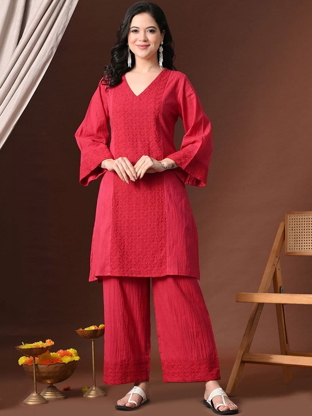 Sangria Embroidered Round Neck Tunic & Trousers Co-Ords Set - view 1