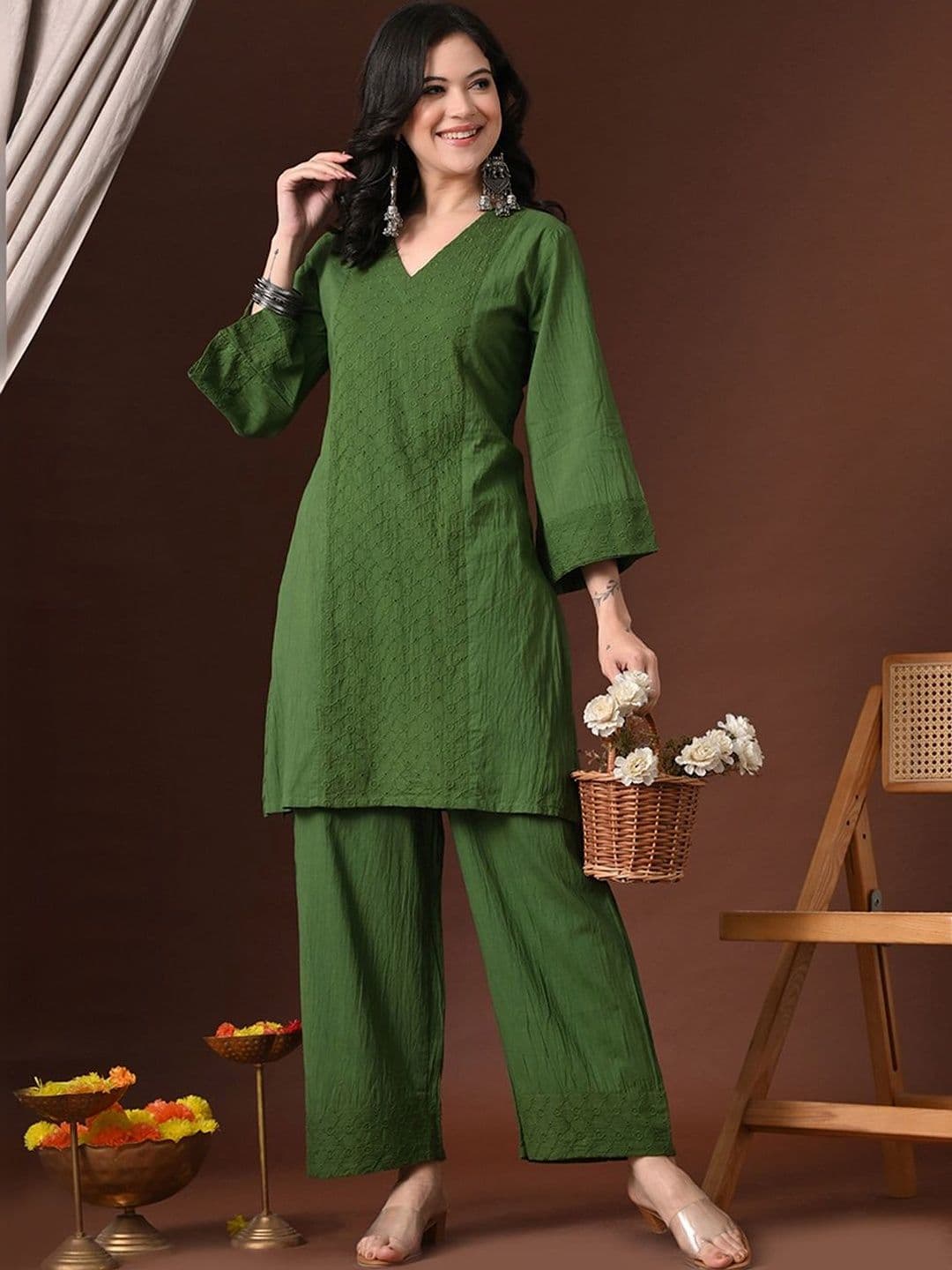 Sangria Embroidered V Neck Tunic & Trousers Co-Ords Set - view 1
