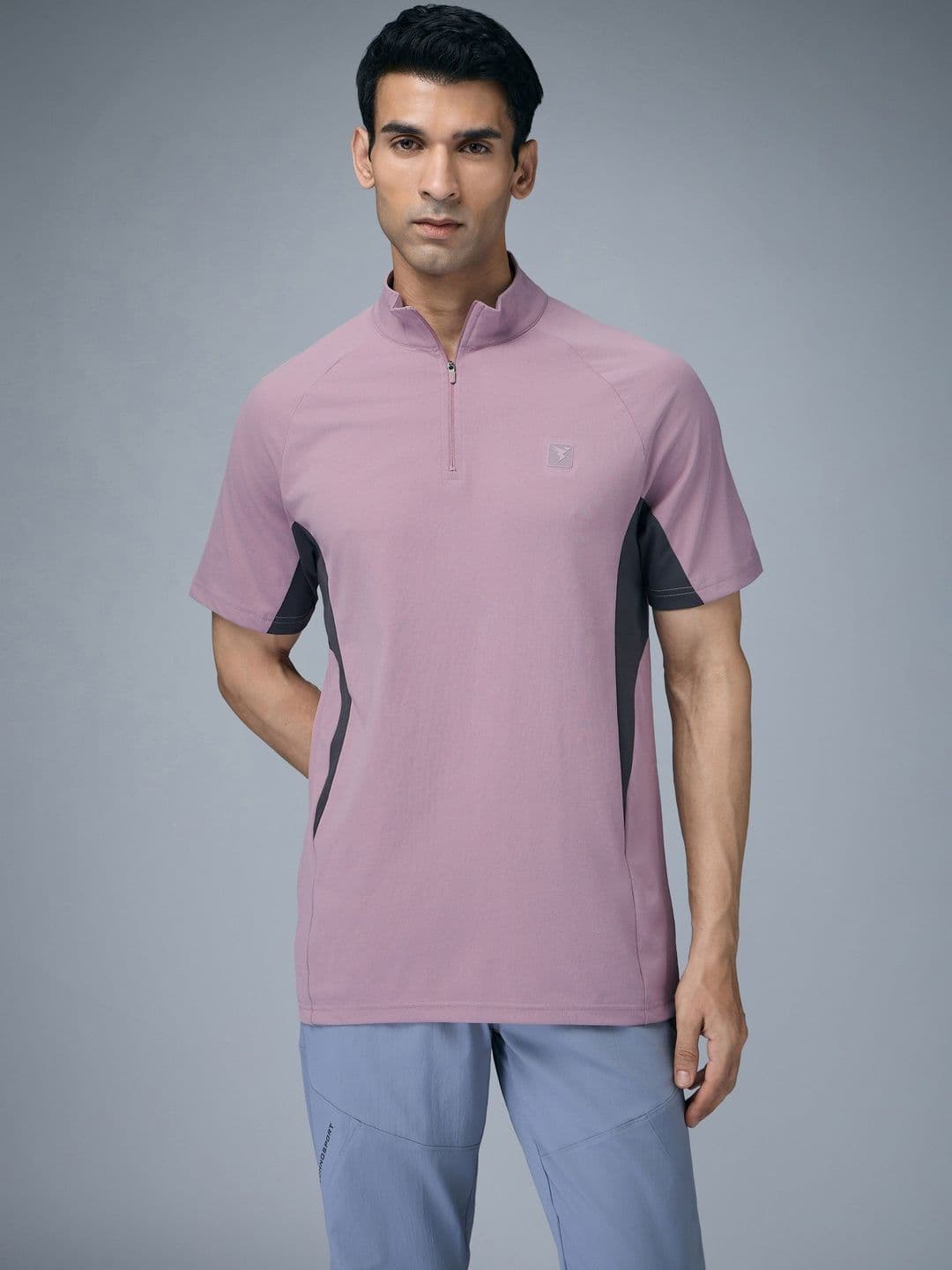 Technosport Men Brand Logo Colourblocked Mandarin Collar Anti Static Slim Fit T-shirt - view 1