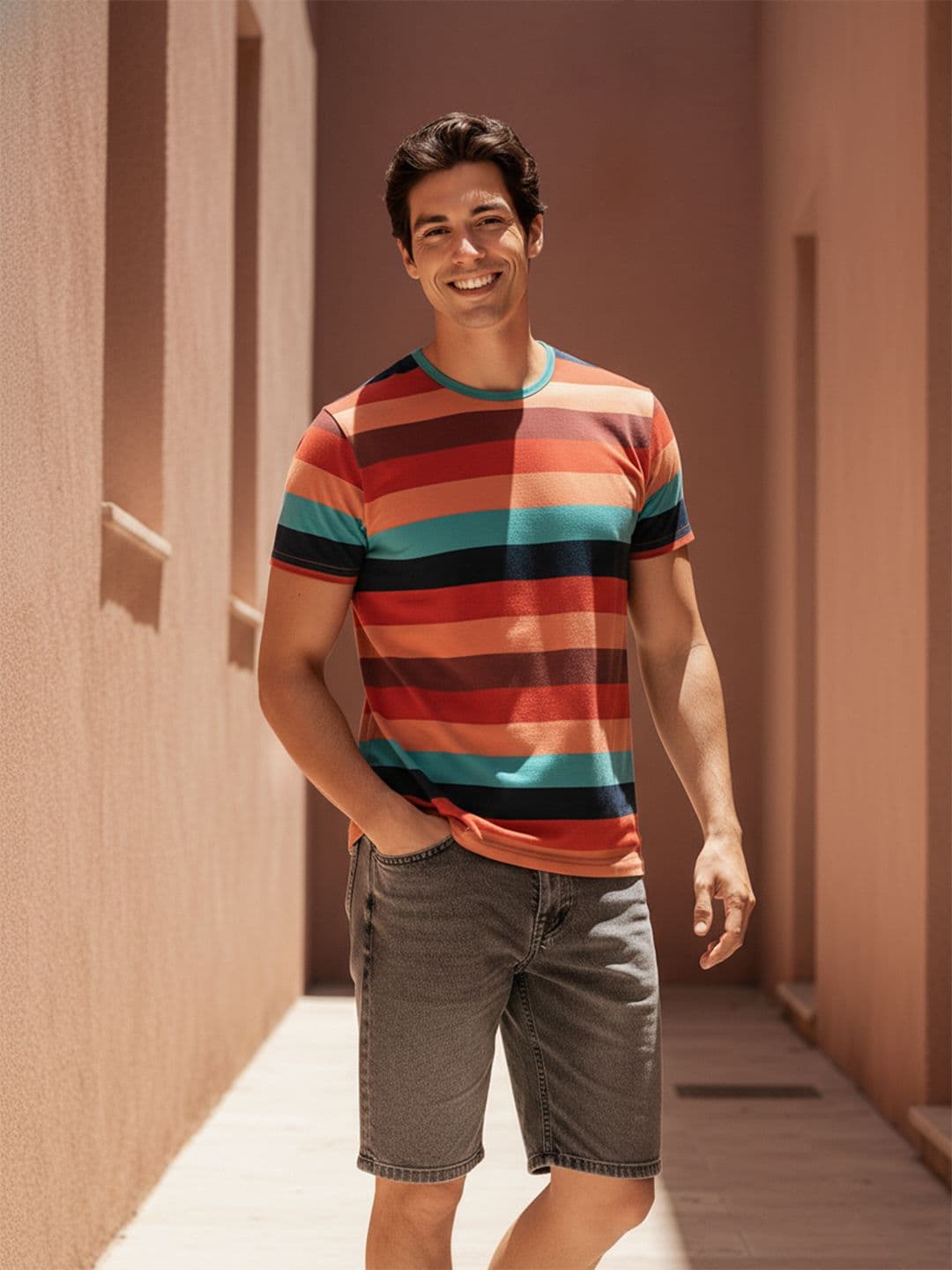 Mast & Harbour Men Multicoloured Striped Round Neck T-shirt - view 1