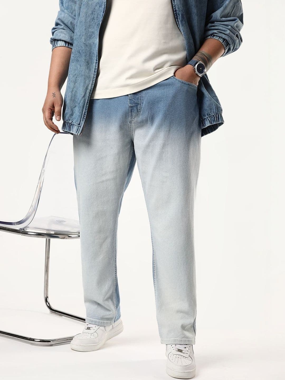 Urbano Plus Men Ice Blue Straight Fit Heavy Washed Faded Denim Stretchable Jeans - view 1