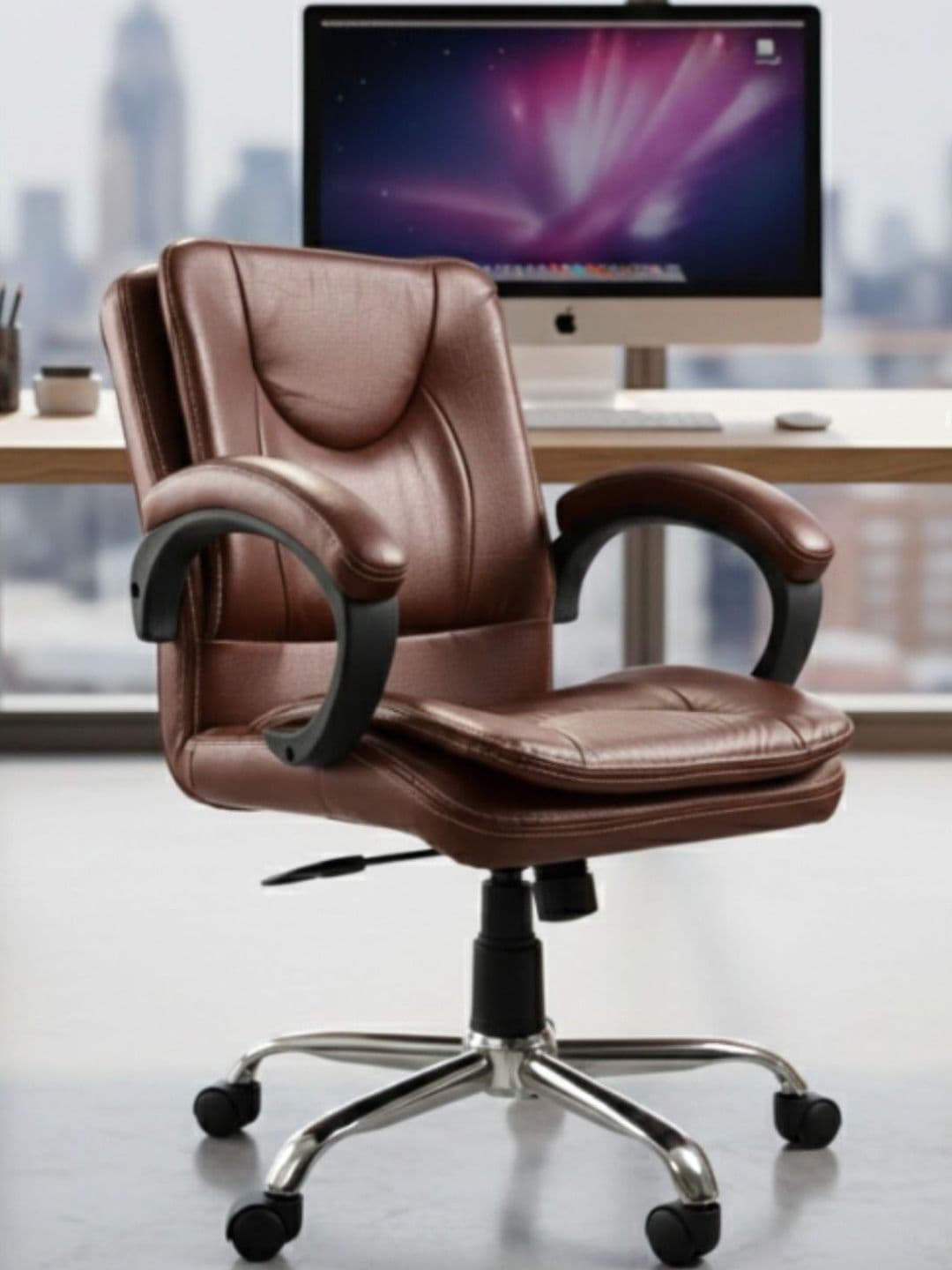 Adiko Tan & Brown Textured Adjustable Seat Height Low Back Study Arm Chair - view 1