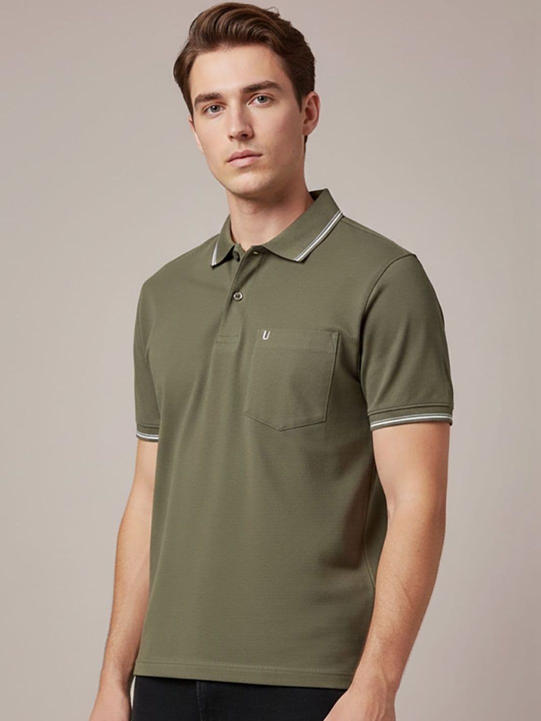 UNIBERRY JEANS Olive Green Men Brand Logo Polo Collar T-shirt - view 1