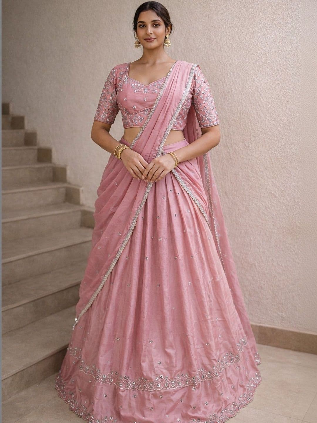 NANCY DESIGNER Embroidered Thread Work Ready to Wear Lehenga & Blouse With Dupatta - view 1