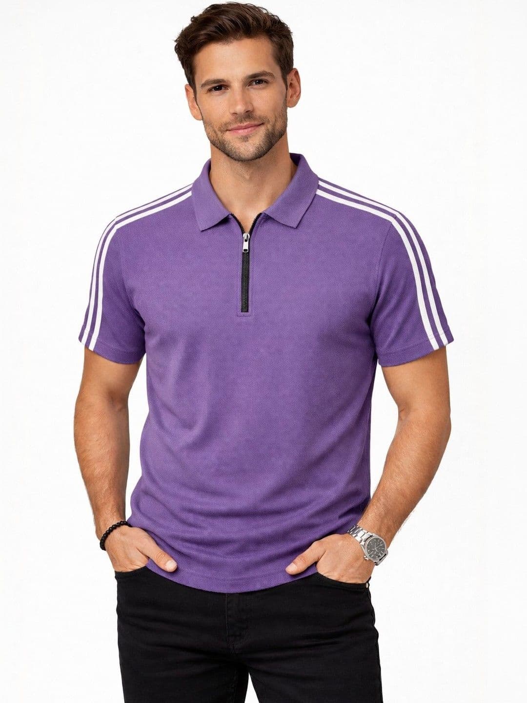 Organic Chics Men Striped Polo Collar Dri-FIT Slim Fit T-shirt - view 1