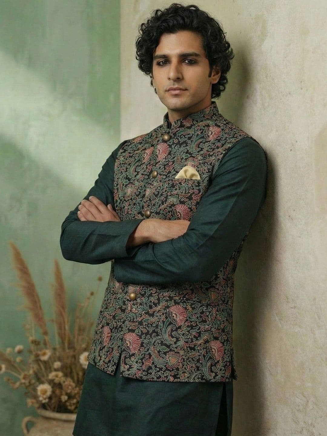 KISAH Men Black Mandarin Collar Printed Jacket - view 1