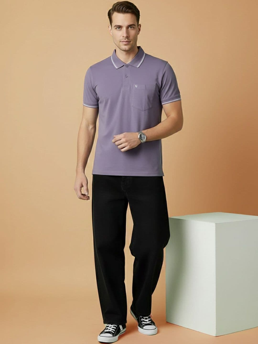 UNIBERRY JEANS Purple Polo Collar Regular Fit T-shirt with Brand Logo - view 1
