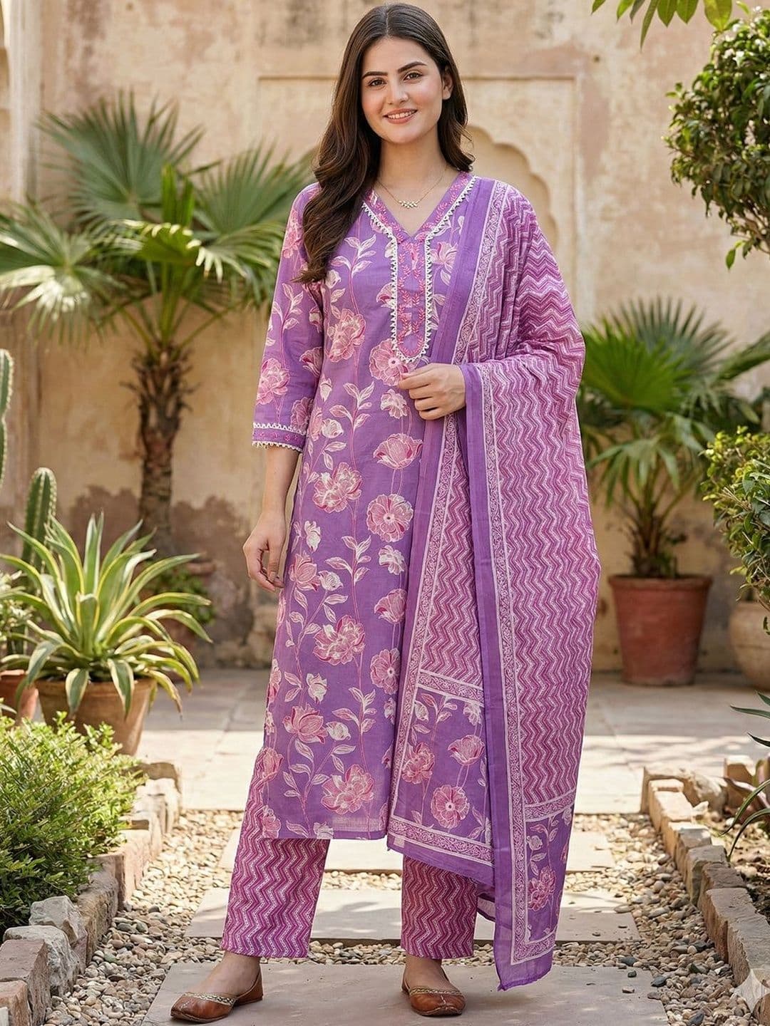 Anouk Women Floral Printed Regular Thread Work Pure Cotton Kurta with Trousers & With Dupatta - view 1