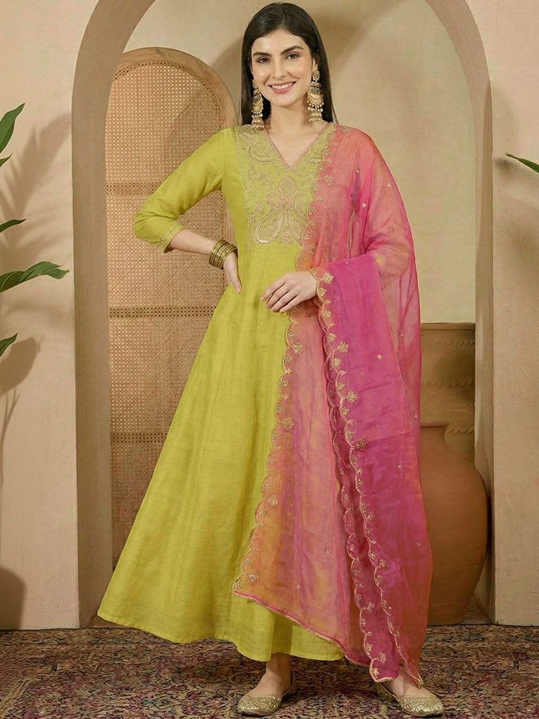 Sangria Embroidered V-Neck Gown Ethnic Dress With Dupatta - view 1