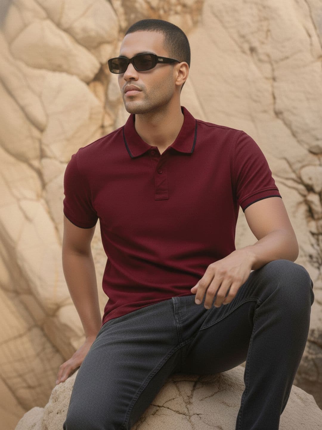 Roadster Men Maroon Solid Polo Collar T-shirt - view 1