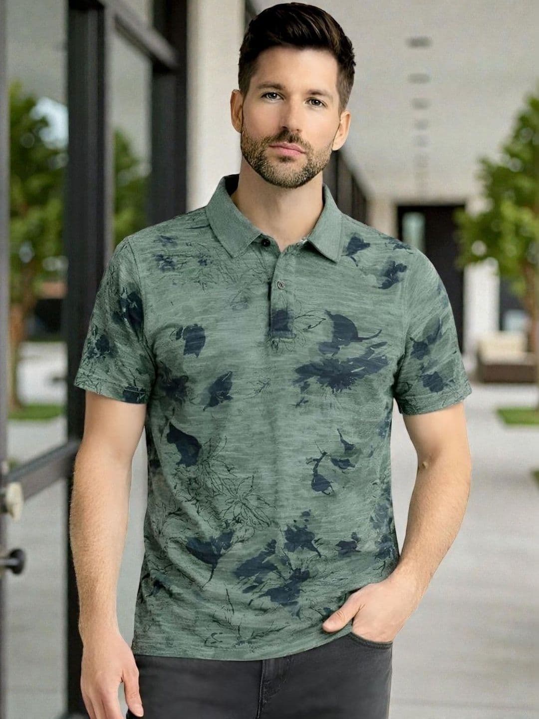Kryptic Men Overdyed Pure Cotton Floral Printed Polo Collar T-shirt - view 1
