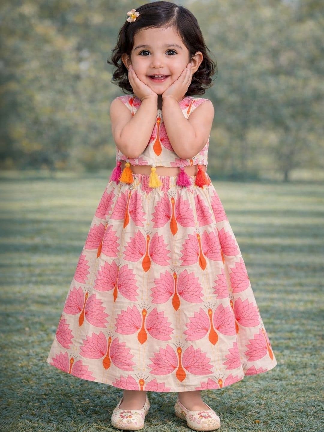 Pspeaches Baby Girls Off White Peacock Cotton Lehenga Choli Set - view 1