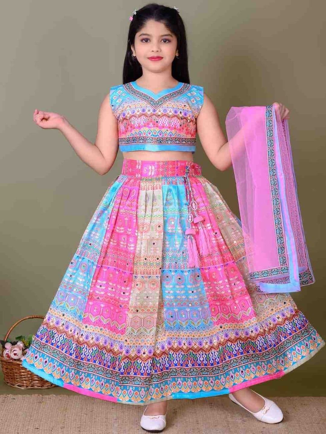 KALINI Girls Printed Mirror Work Ready to Wear Lehenga & Blouse With Dupatta - view 1
