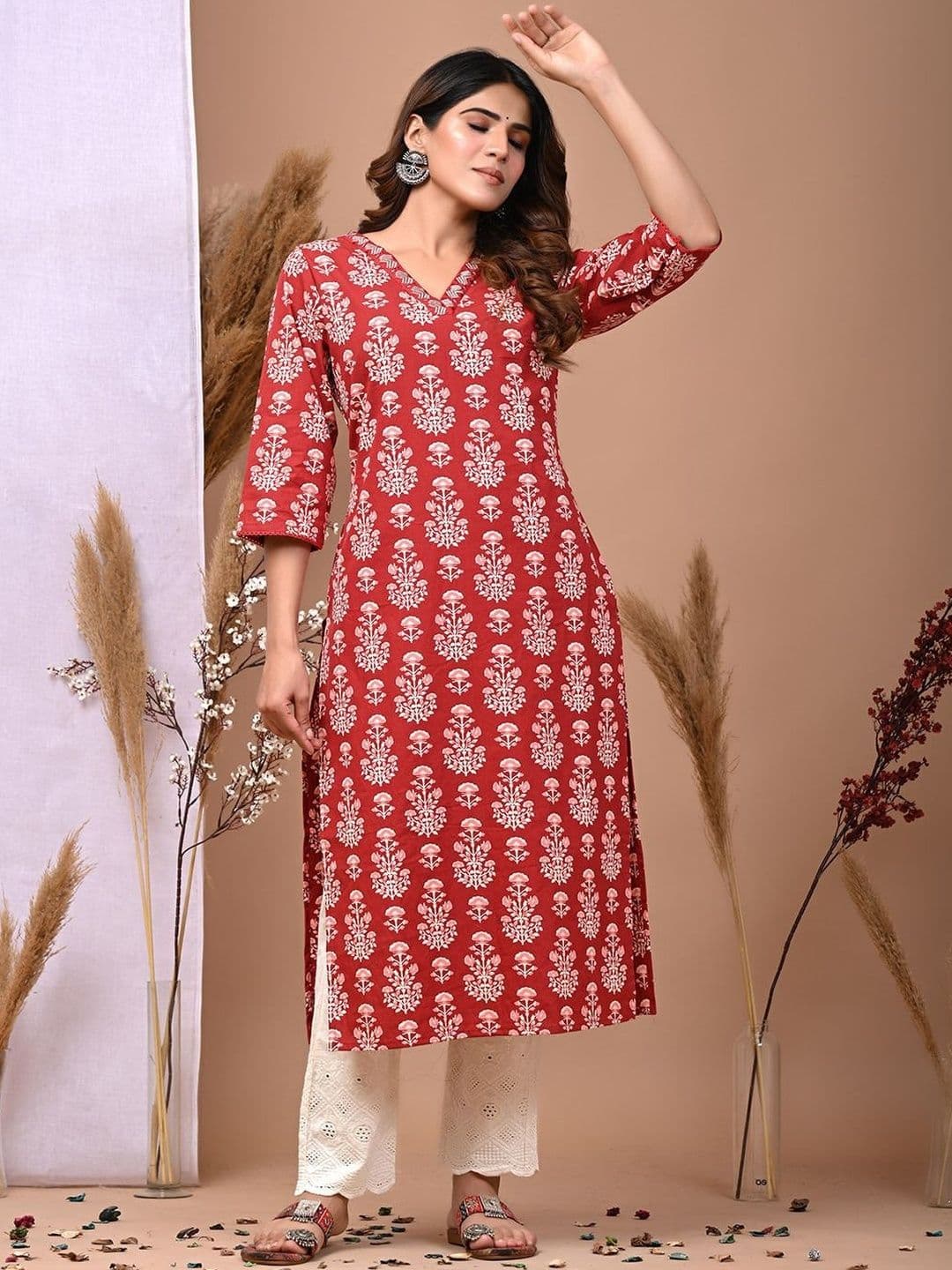 lavandis Floral Printed V-Neck Thread Work Pure Cotton Blend Thread Work Kurti - view 1