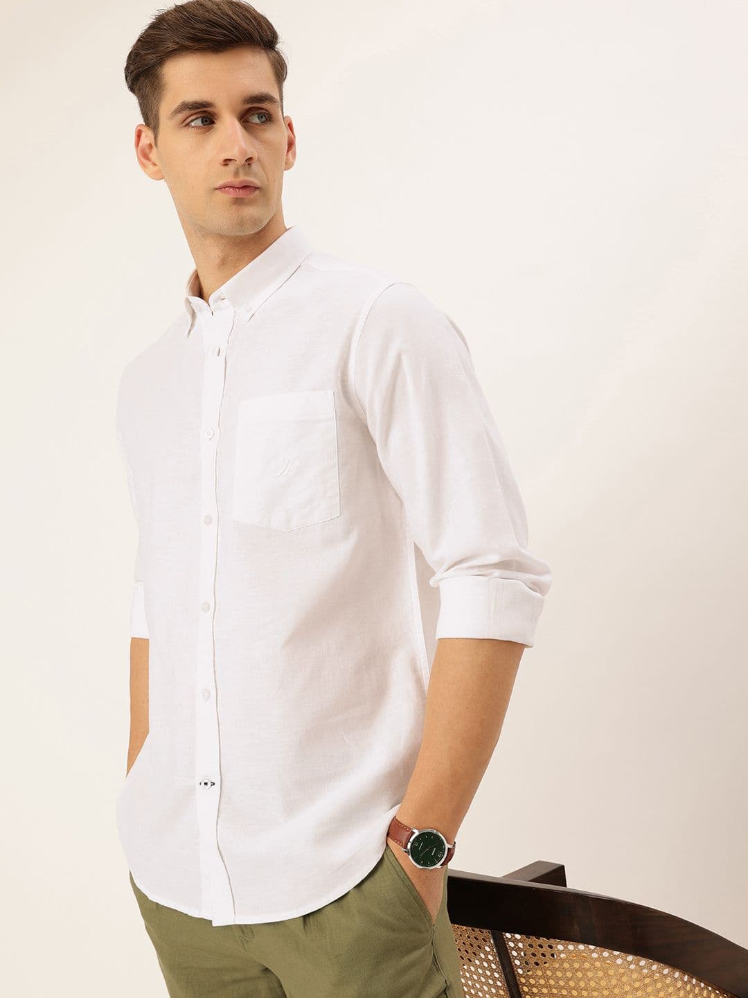 Nautica Classic Slim Fit Button-Down Collar Cotton Linen Casual Shirt - view 1