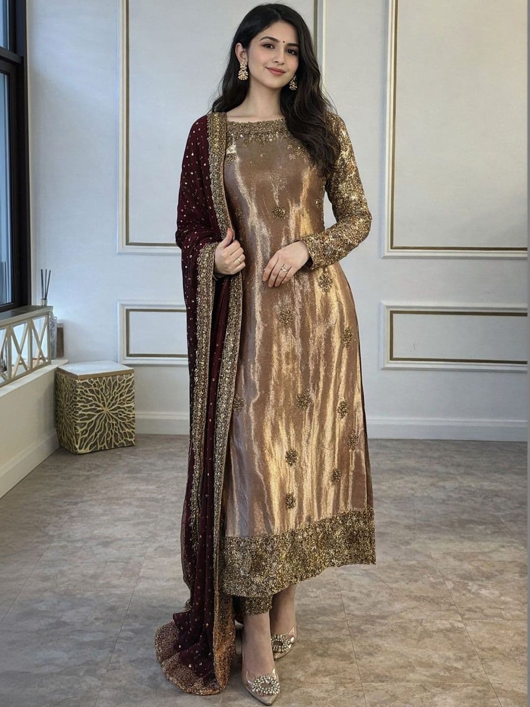 KRYSAL Women Ethnic Motifs Embroidered Regular Thread Work Chanderi Silk Kurta with Trousers & With Dupatta - view 1