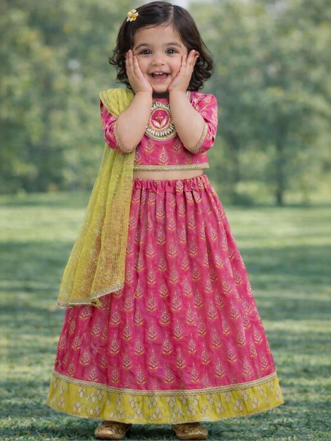 Pspeaches Baby Girls Pink Booti Cotton Lehenga Choli Dupatta Set - view 1