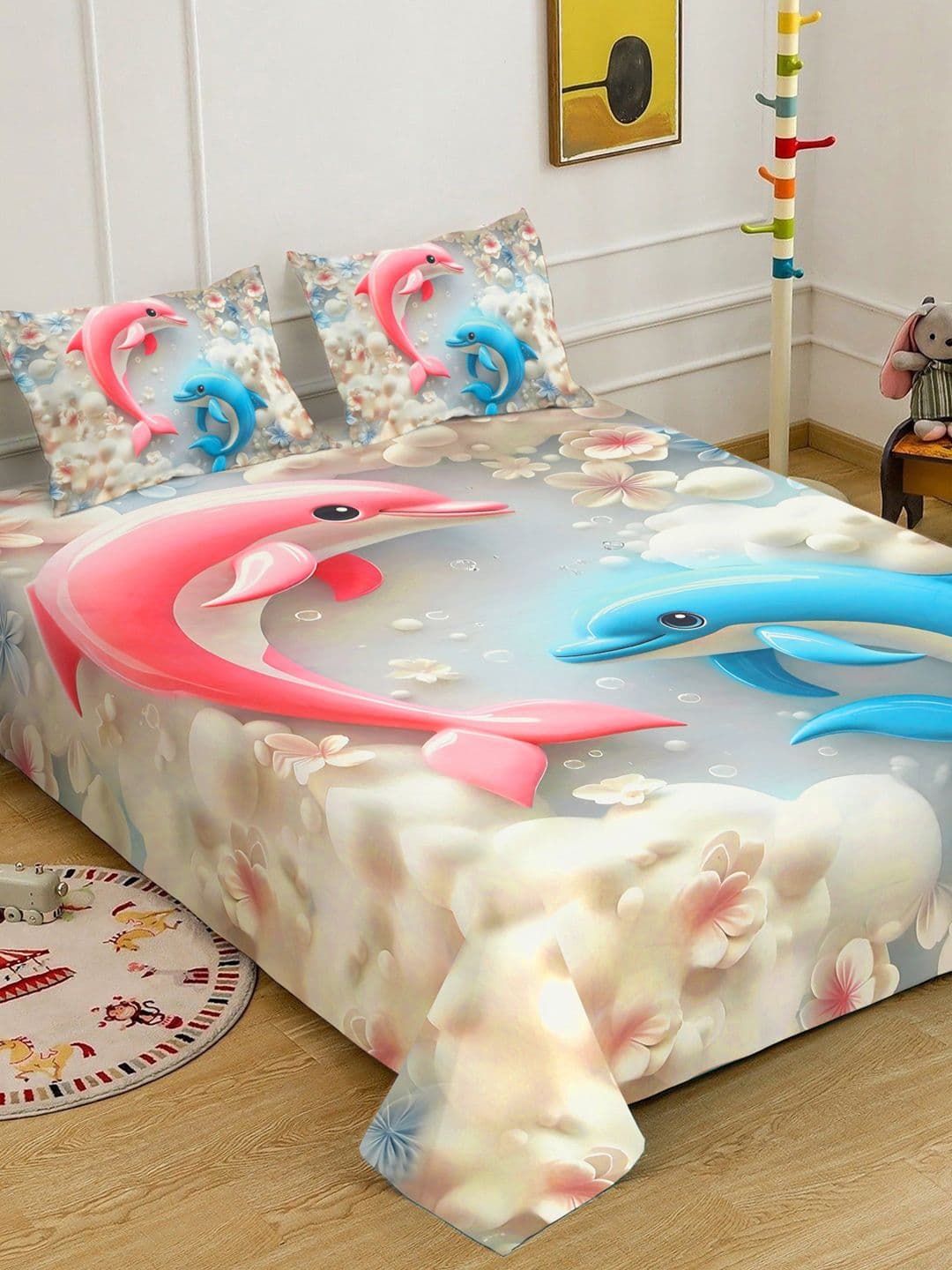 KLOTTHE Grey & Pink Cartoon Printed Fitted 7D 400 TC Double King Bedsheet With 2 Pillow Cover - view 1