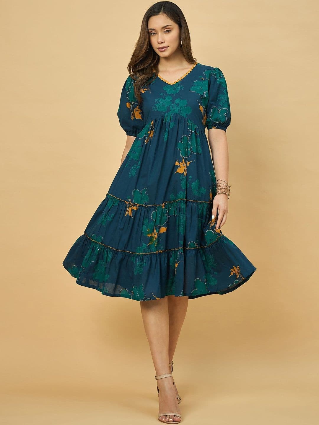 Azira Floral Print Puff Sleeve A-Line Cotton Ethnic Dress - view 1