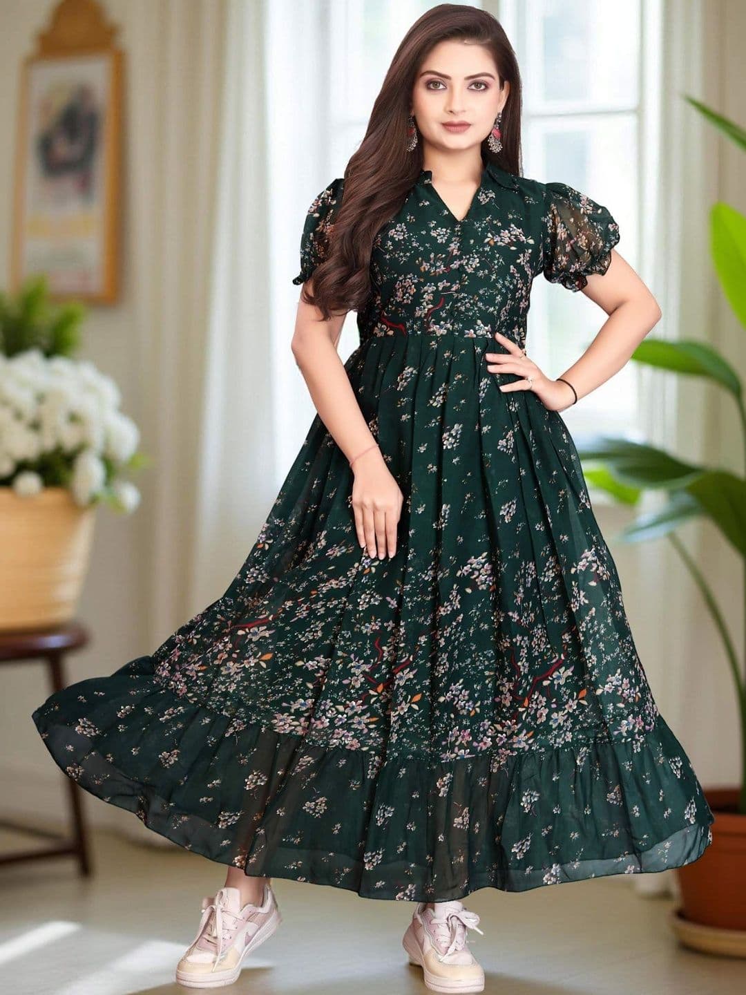 QENA Floral Print Puff Sleeve Ruffled Georgette A-Line Maxi Dress - view 1