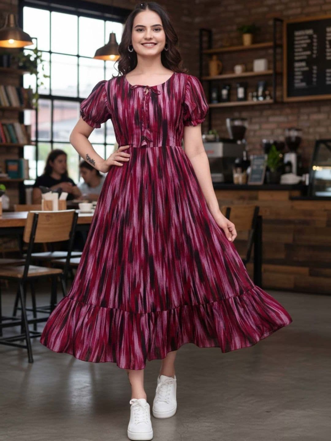 QENA Print Puff Sleeve Georgette A-Line Midi Dress - view 1