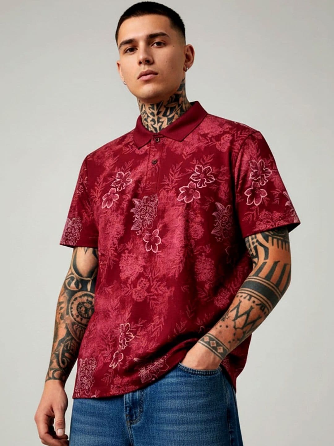 glitchez Men Floral Printed Polo Collar T-shirt - view 1