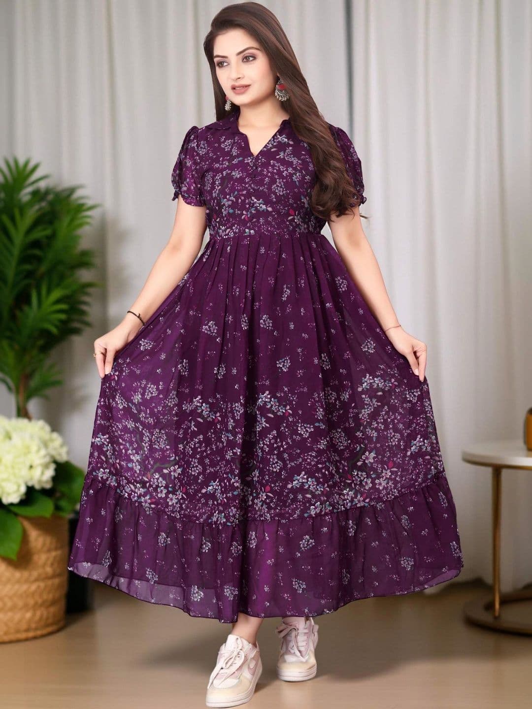 QENA Floral Print Puff Sleeve Georgette A-Line Maxi Dress - view 1