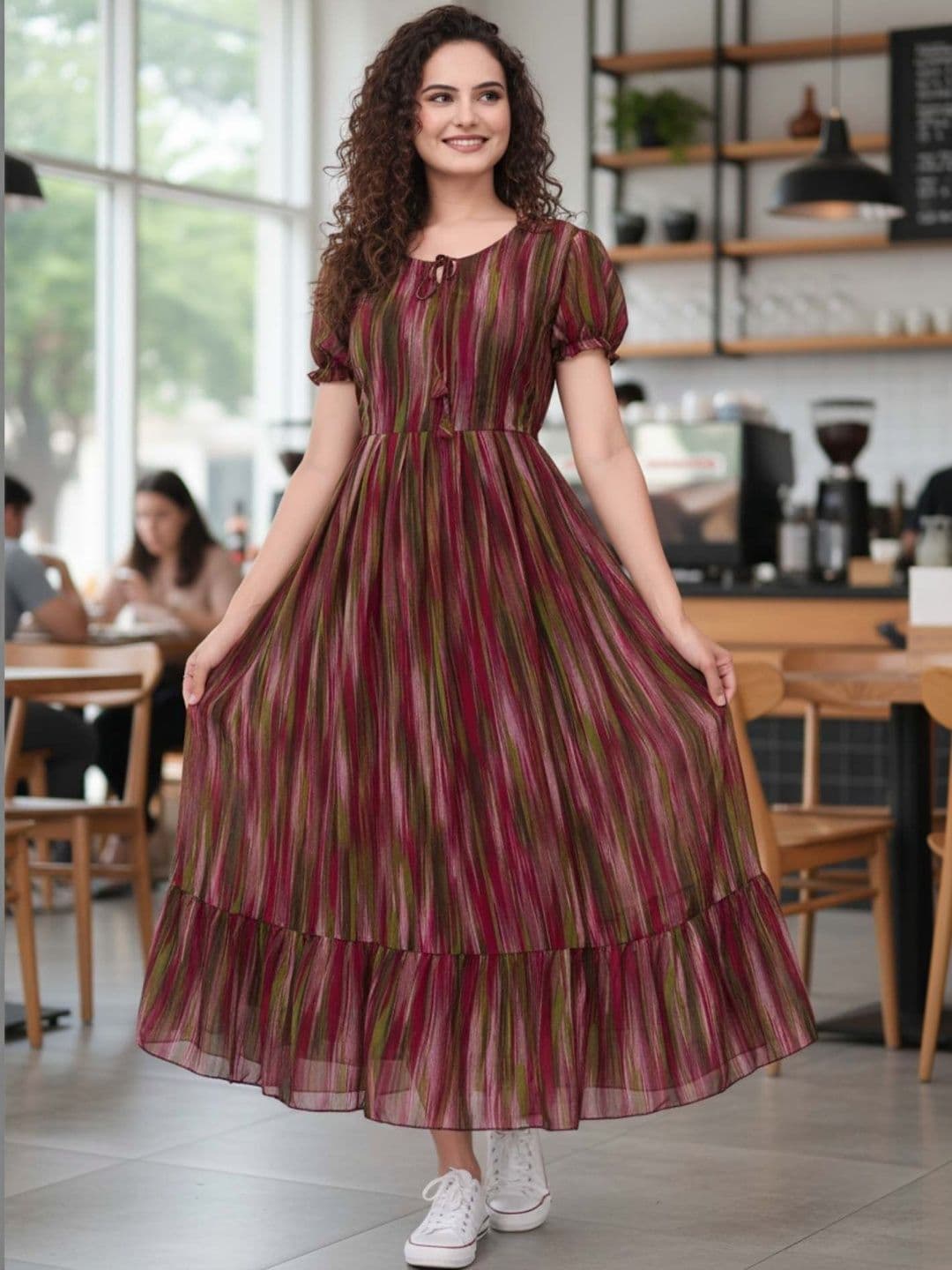 QENA Striped Puff Sleeve Georgette A-Line Midi Dress - view 1