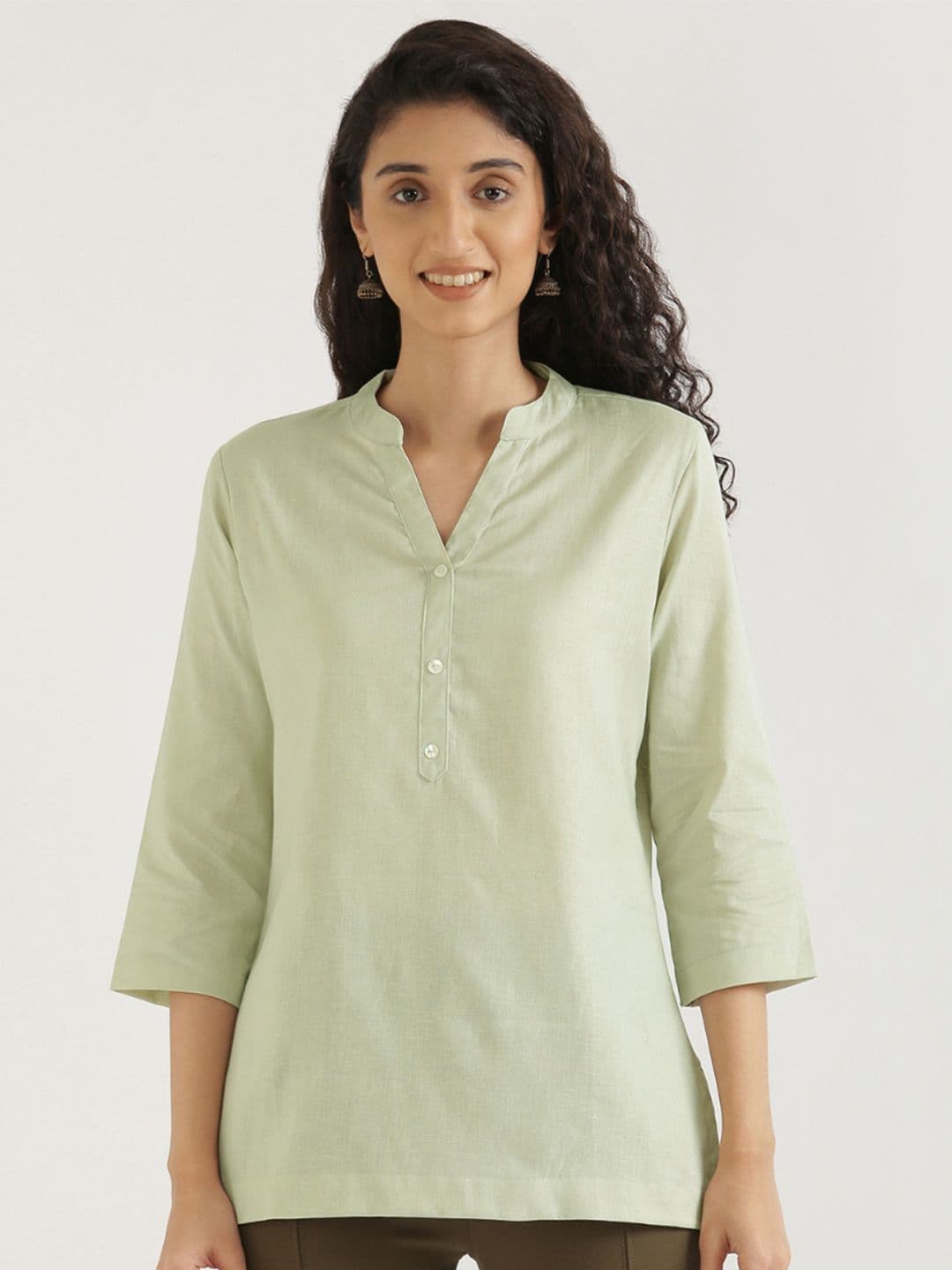 SAADAA Mandarin Collar Cotton Linen Straight Kurti - view 1