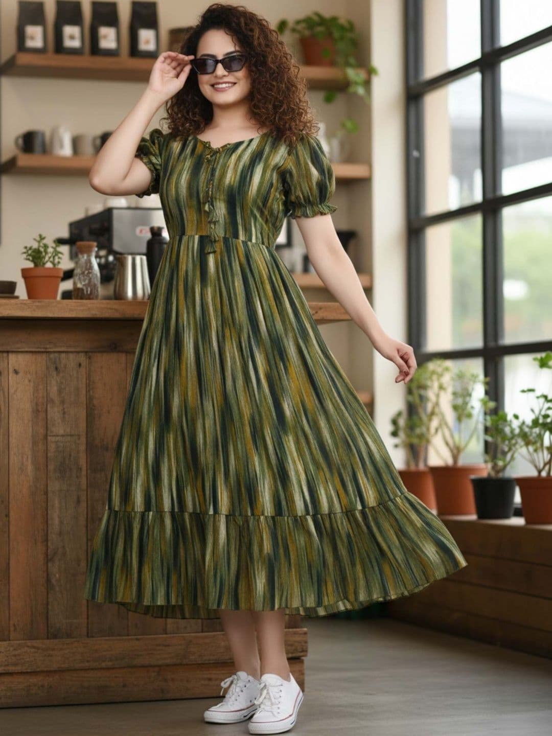 QENA Print Puff Sleeve Georgette A-Line Midi Dress - view 1