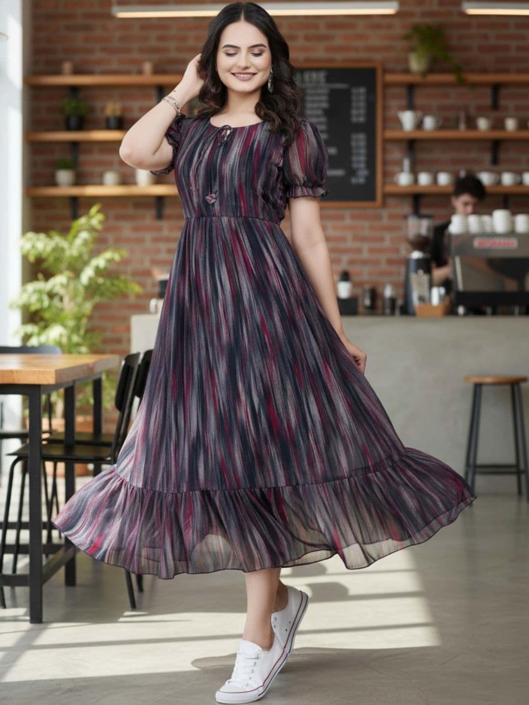 QENA Print Puff Sleeve Ruffled Georgette A-Line Midi Dress - view 1
