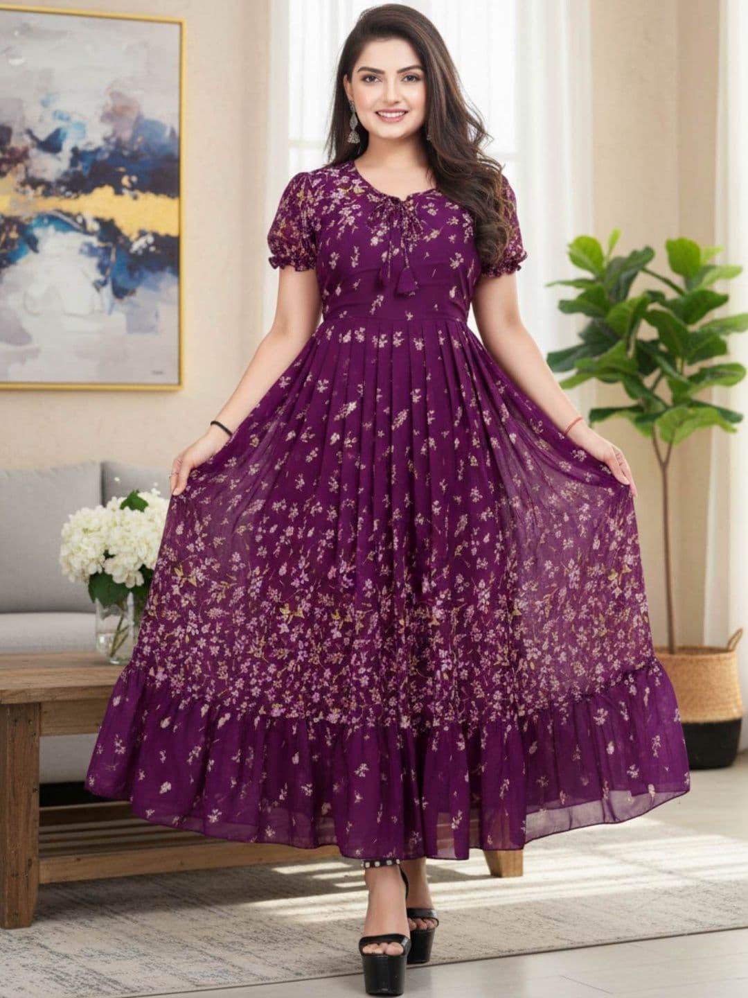 QENA Floral Print Puff Sleeve Georgette A-Line Maxi Dress - view 1