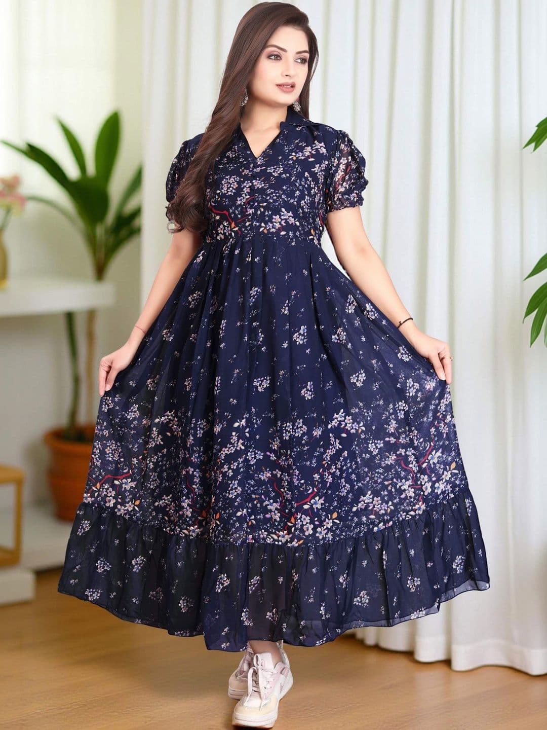 QENA Floral Print Puff Sleeve Ruffled Georgette A-Line Maxi Dress - view 1