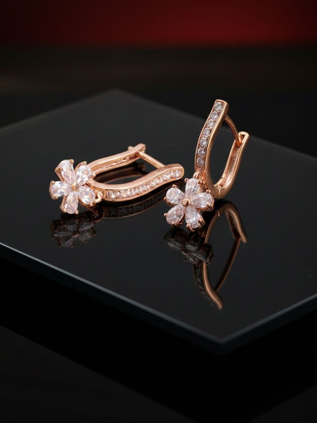 SUGARFRILL Rose Gold Plated American Diamond Floral Hoop Earrings - view 1