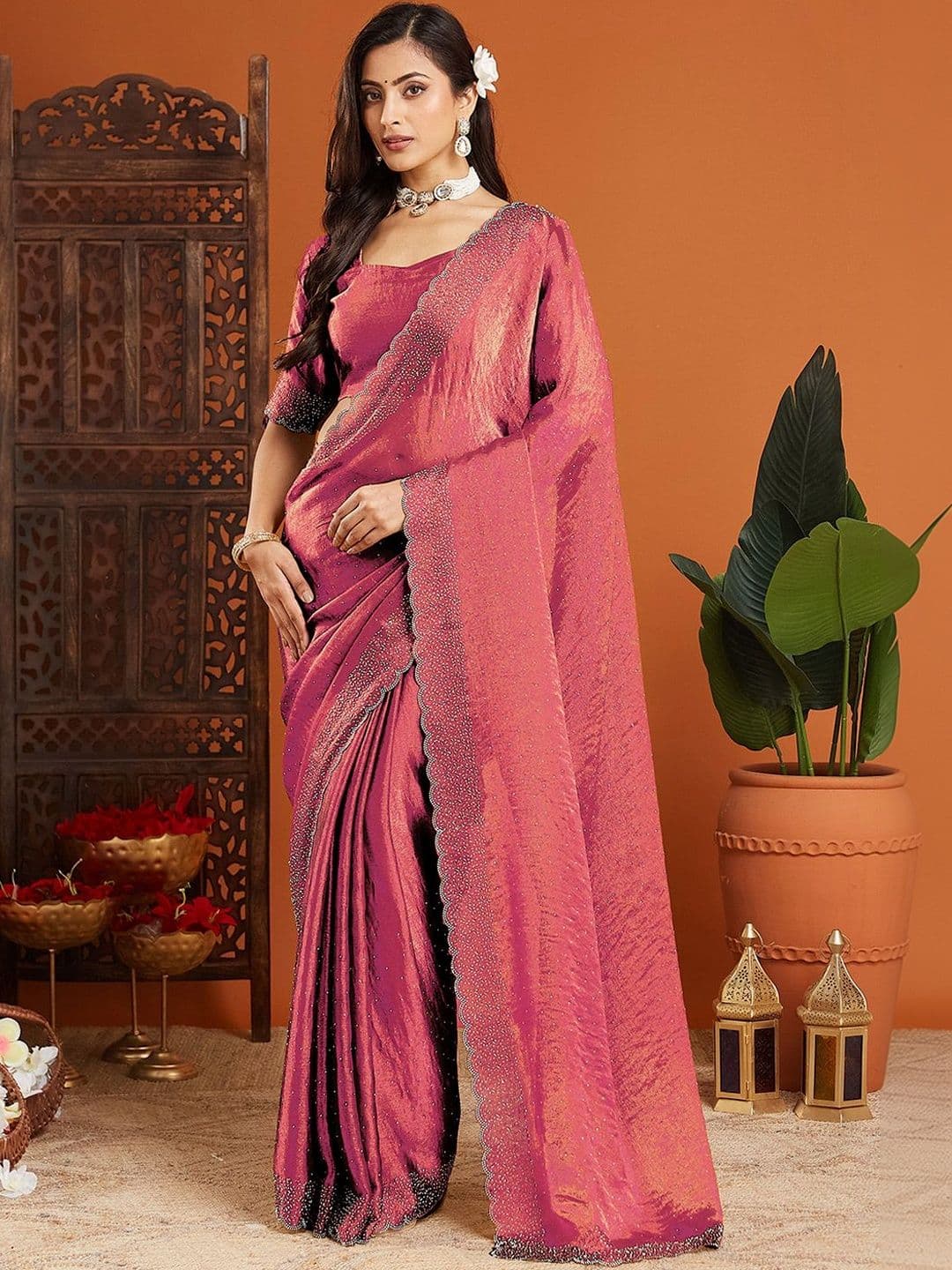 Urban Pallu Embellished Beads and Stones Organza Heavy Work Saree - view 1