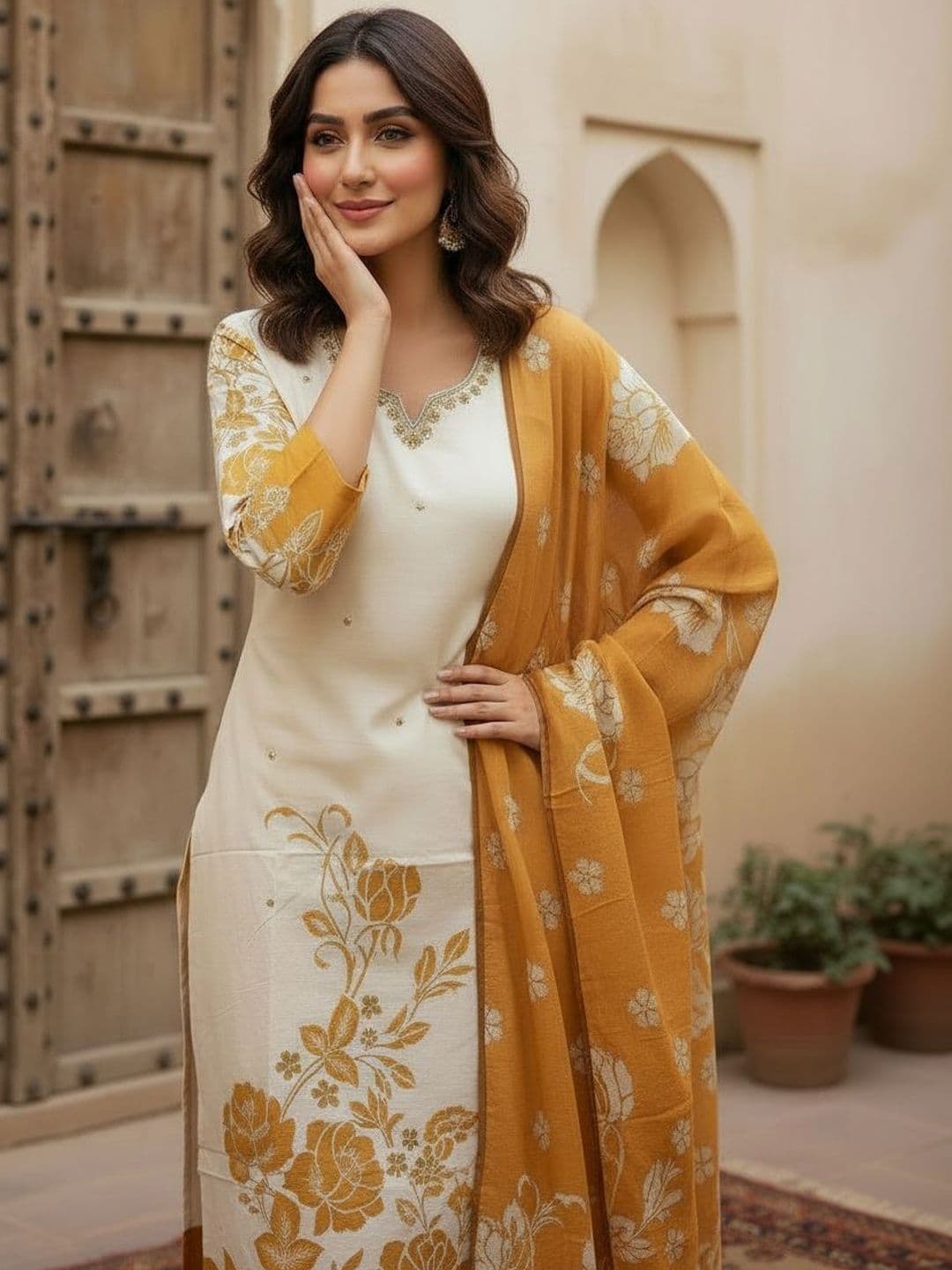 Anouk Women Floral Embroidered Thread Work Pure Cotton Kurta with Trousers & With Dupatta - view 1