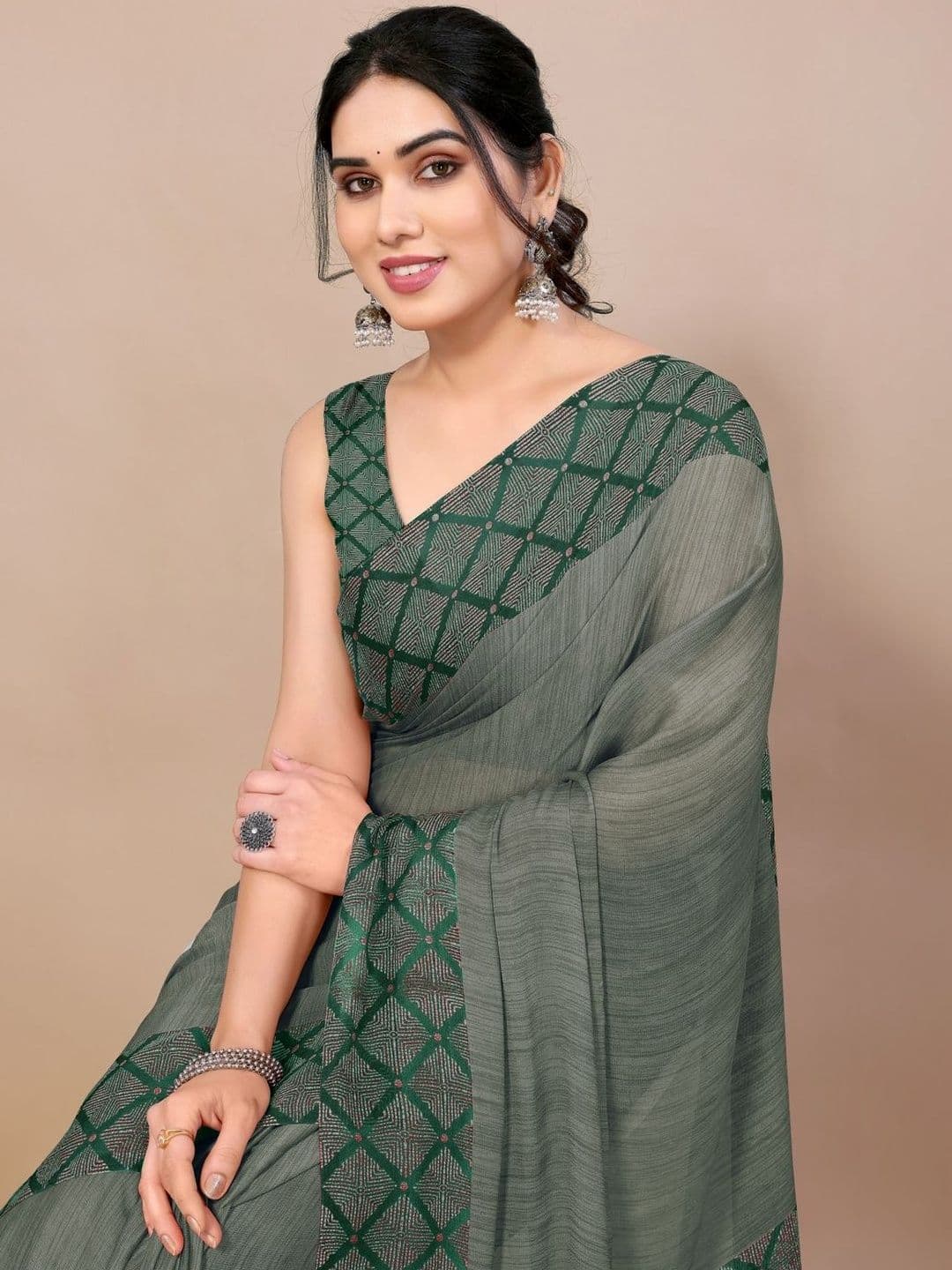 KALINI Checked Poly Chiffon Saree - view 1