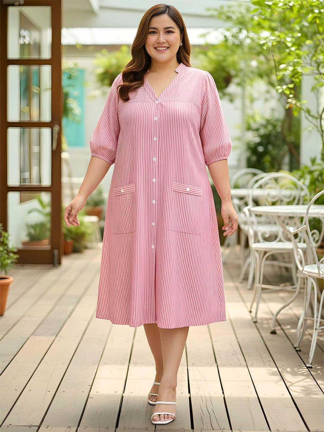 Indietoga Women Plus Size Striped Cotton A-line Midi Shirt Dress - view 1