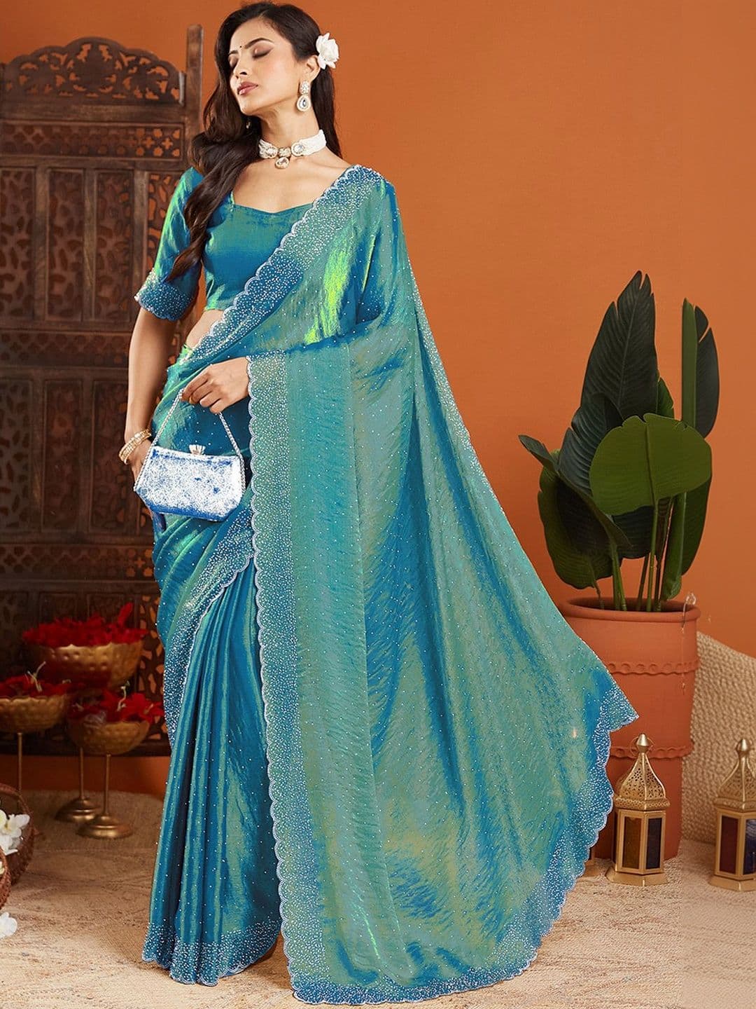 Urban Pallu Embellished Beads and Stones Organza Heavy Work Saree - view 1