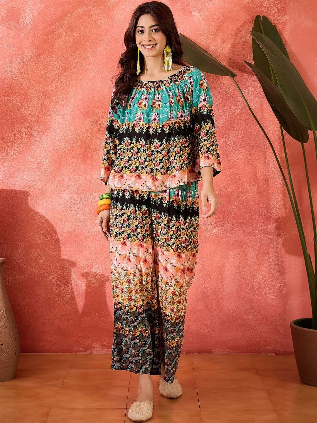Sangria FUZN Printed Boat Neck Top & Trousers Co-Ords - view 1