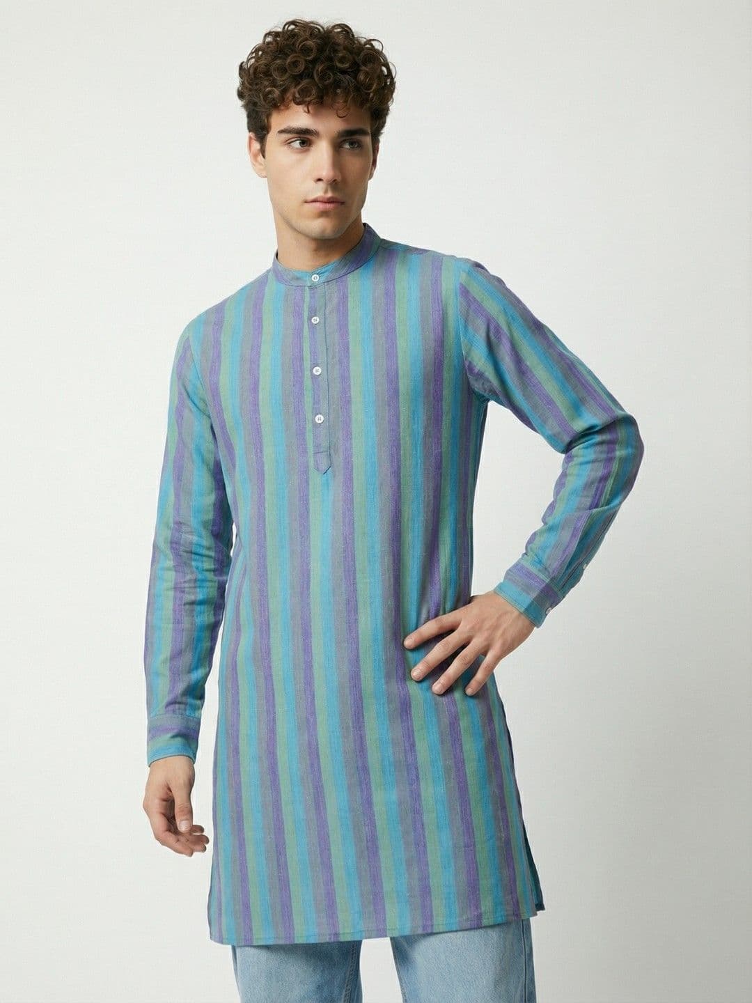 Anouk Rustic Striped Band Collar Straight Kurta - view 1