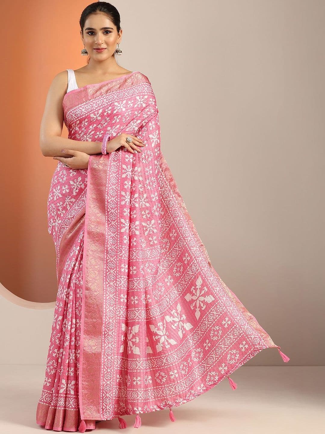 Libas Pink Printed Saree With Unstitched Blouse Piece - view 1
