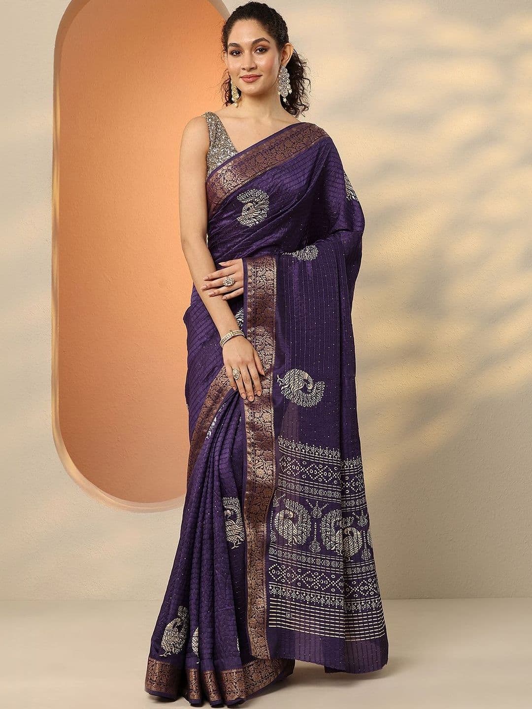Libas Purple Embellished Saree With Unstitched Blouse Piece - view 1