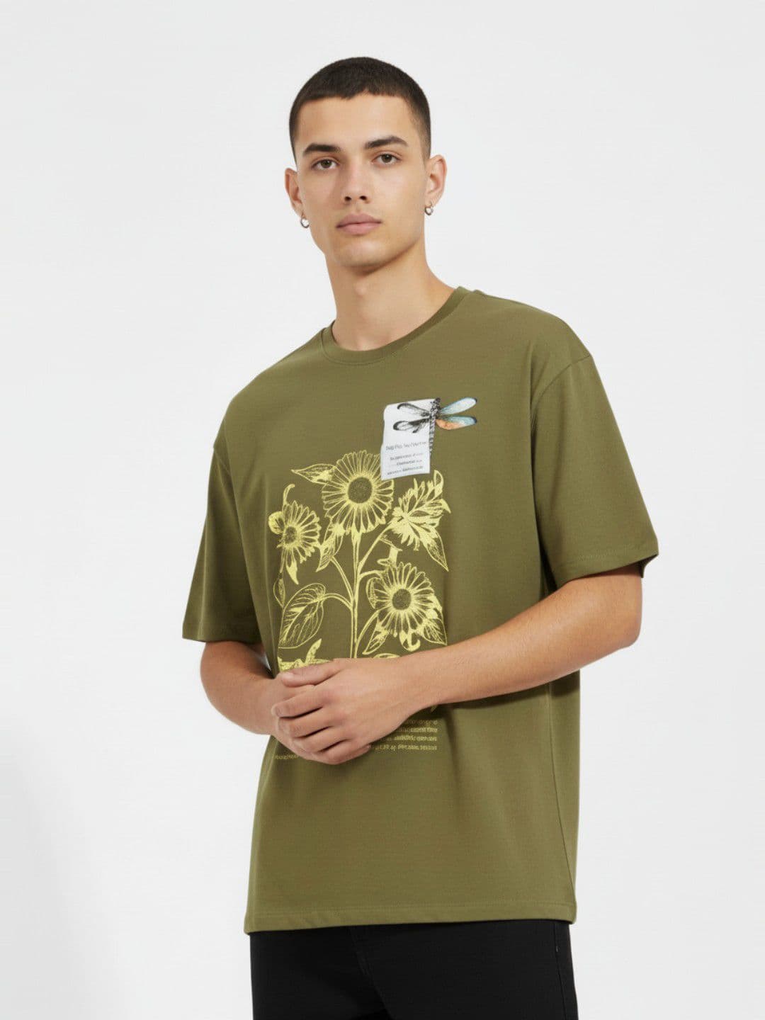glitchez Floral Printed Drop-Shoulder Sleeves Oversized Pure Cotton T-shirt - view 1